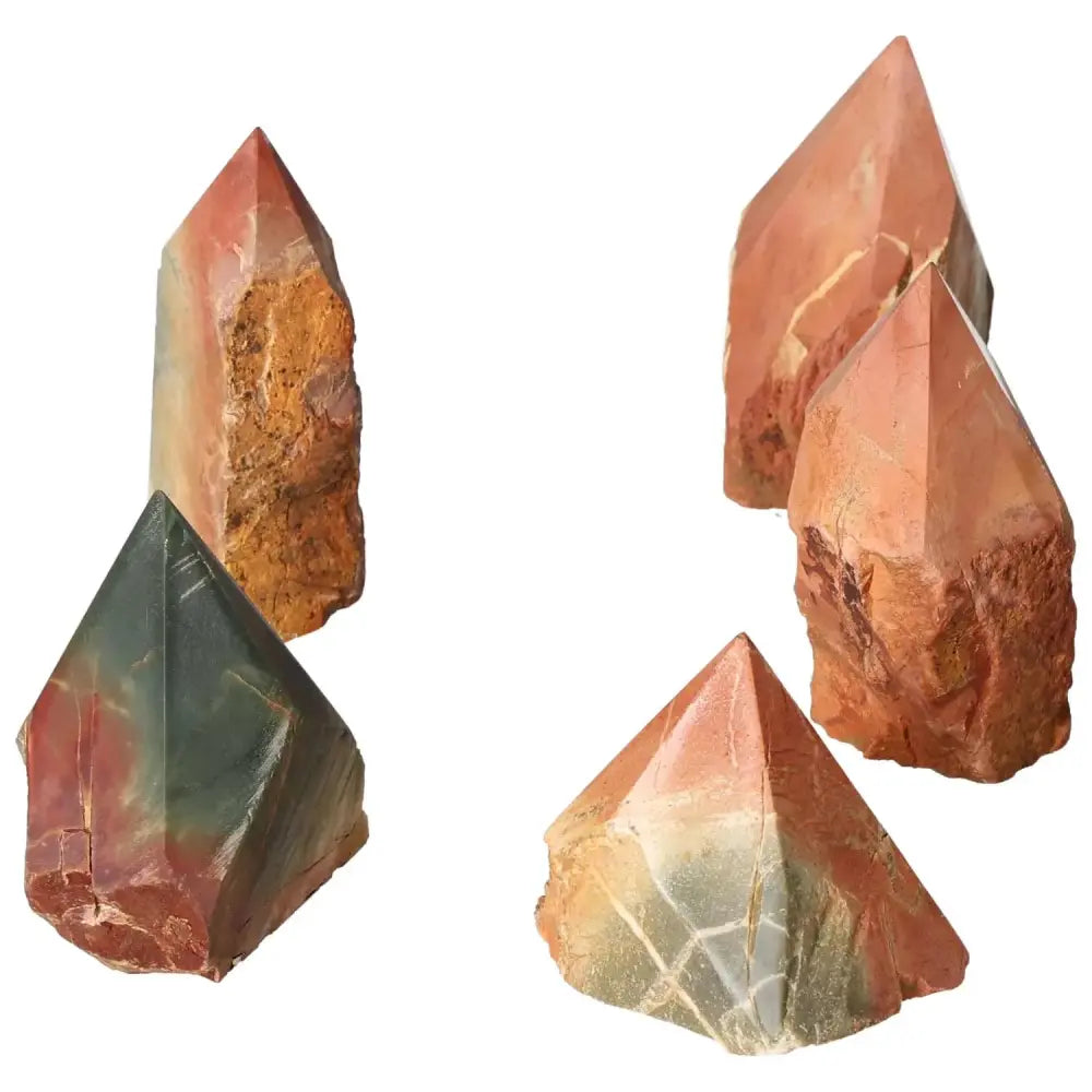 Polychrome Jasper Polished Points in red, orange, brown, green, and yellow, handpicked by Sylvia Crystals for luxury and quality.