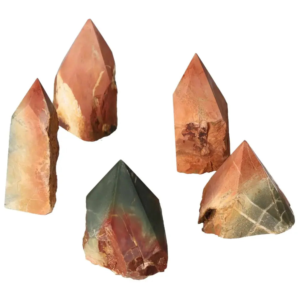 Five vibrant Polished Point Polychrome Jasper stones in red, orange, brown, green, and yellow, sourced by Sylvia Crystals.