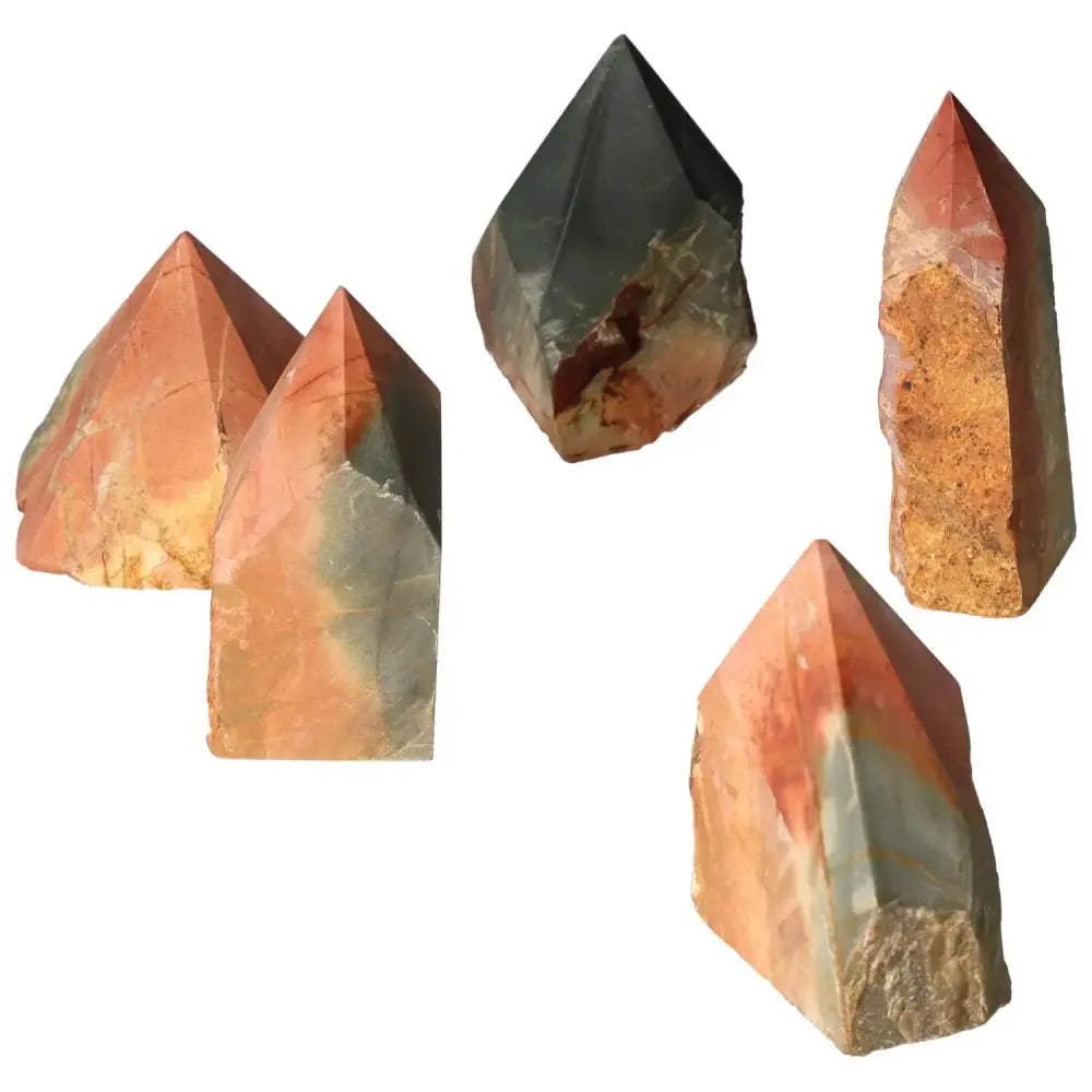 Polished Point Polychrome Jasper stones in vibrant colors, selected by Sylvia Crystals for luxury and quality, also known as Desert Jasper.