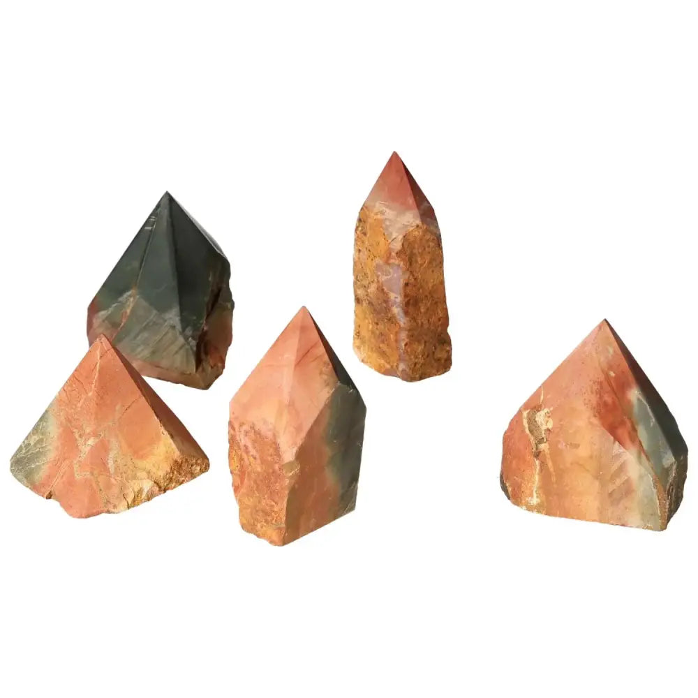 Vibrant Polished Point Polychrome Jasper crystals showcasing red, orange, brown, green, and yellow hues, handpicked by Sylvia Crystals.