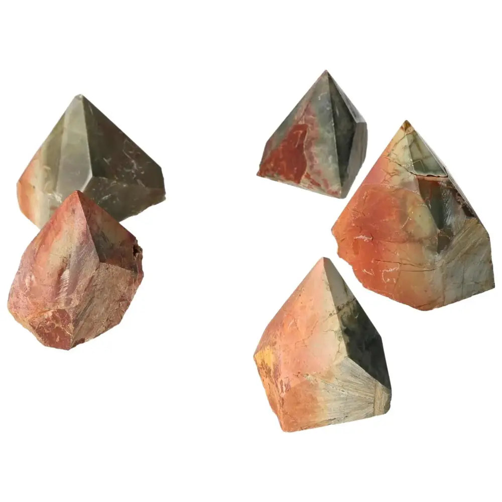 Polished Point Polychrome Jasper stones in vibrant reds, oranges, and greens, showcasing banded natural beauty and spiritual enrichment.