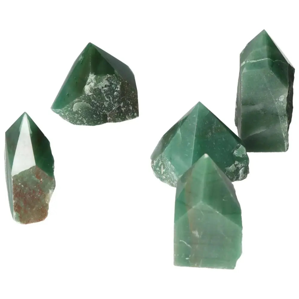 Set of green polished point quartz crystals on a white background, showcasing natural clarity and brilliance.