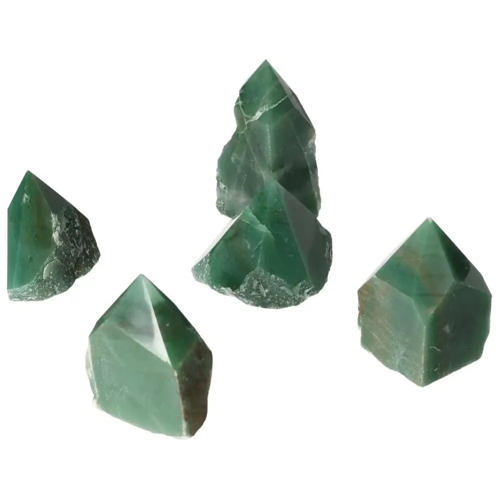 Polished Point Quartz M crystals in rich green hues, showcasing smooth surfaces and natural brilliance, ideal for decor from Sylvia Crystals.
