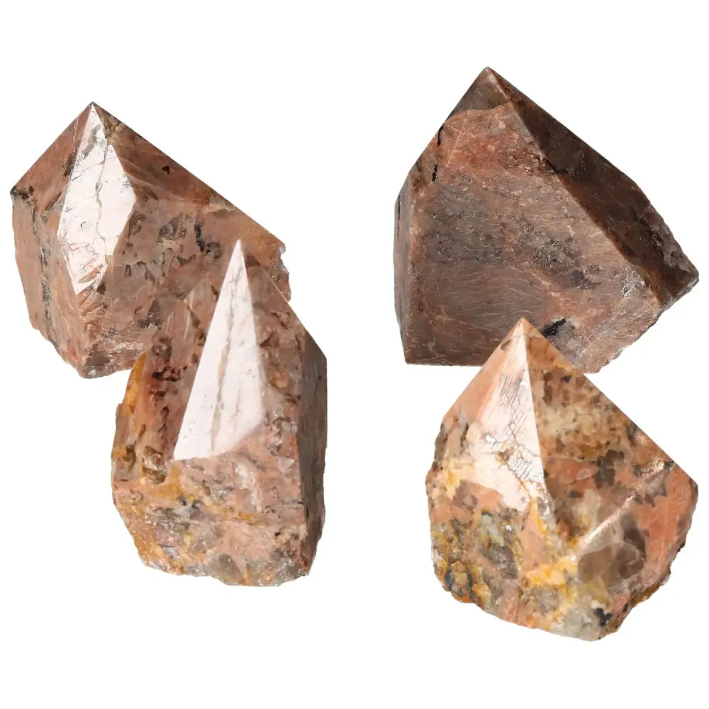 Polished Point Quartz with Feldspar M - handcrafted crystals by Sylvia Crystals, showcasing quartz clarity and feldspar grounding properties.