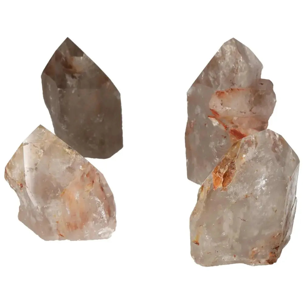 Polished Point Quartz with Hematite by Sylvia Crystals, showcasing elegant natural formations and spiritual energy benefits.