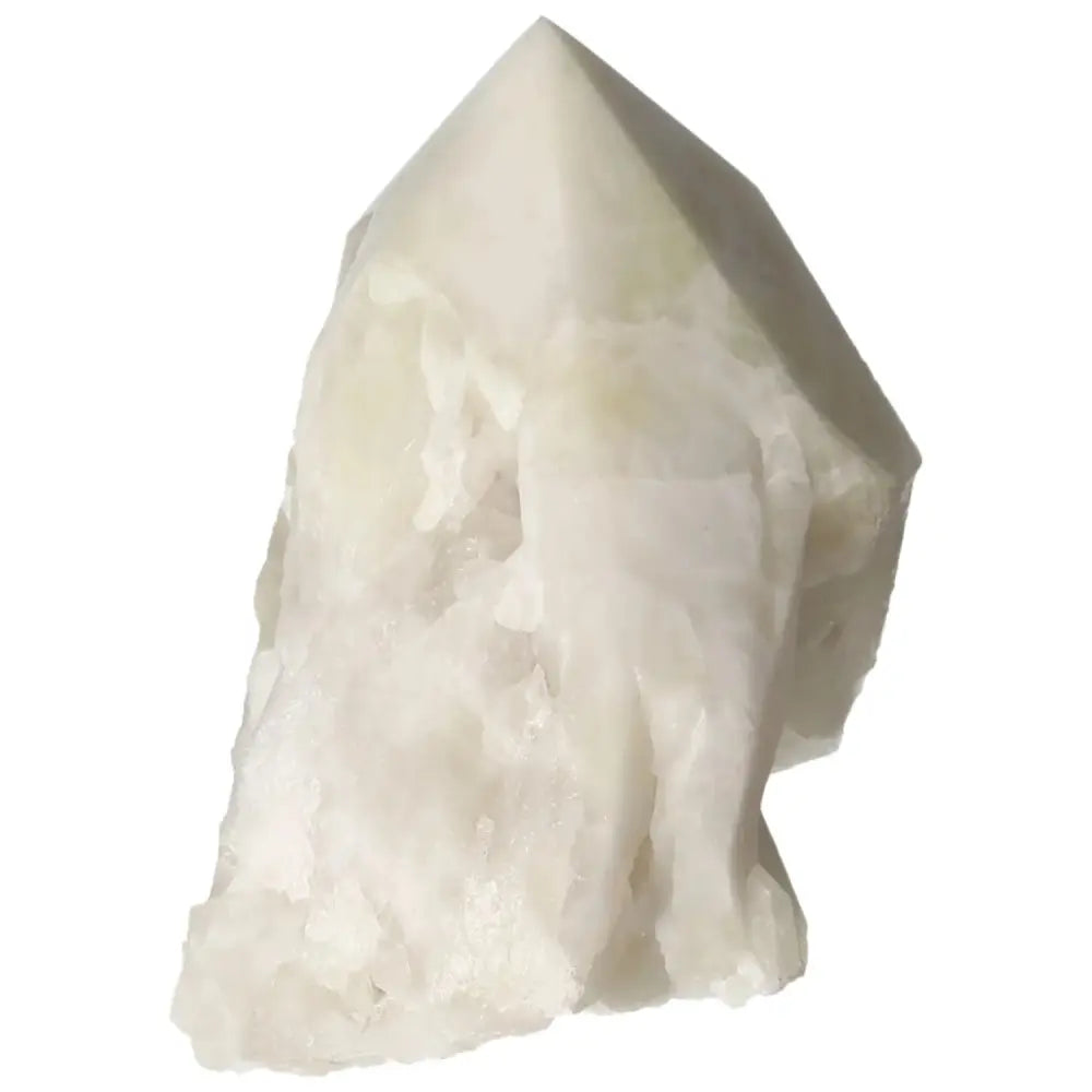 Polished Point Quartz With Sulphur crystal from Sylvia Crystals, showcasing the unique blend of clarity and vibrant sulphur.