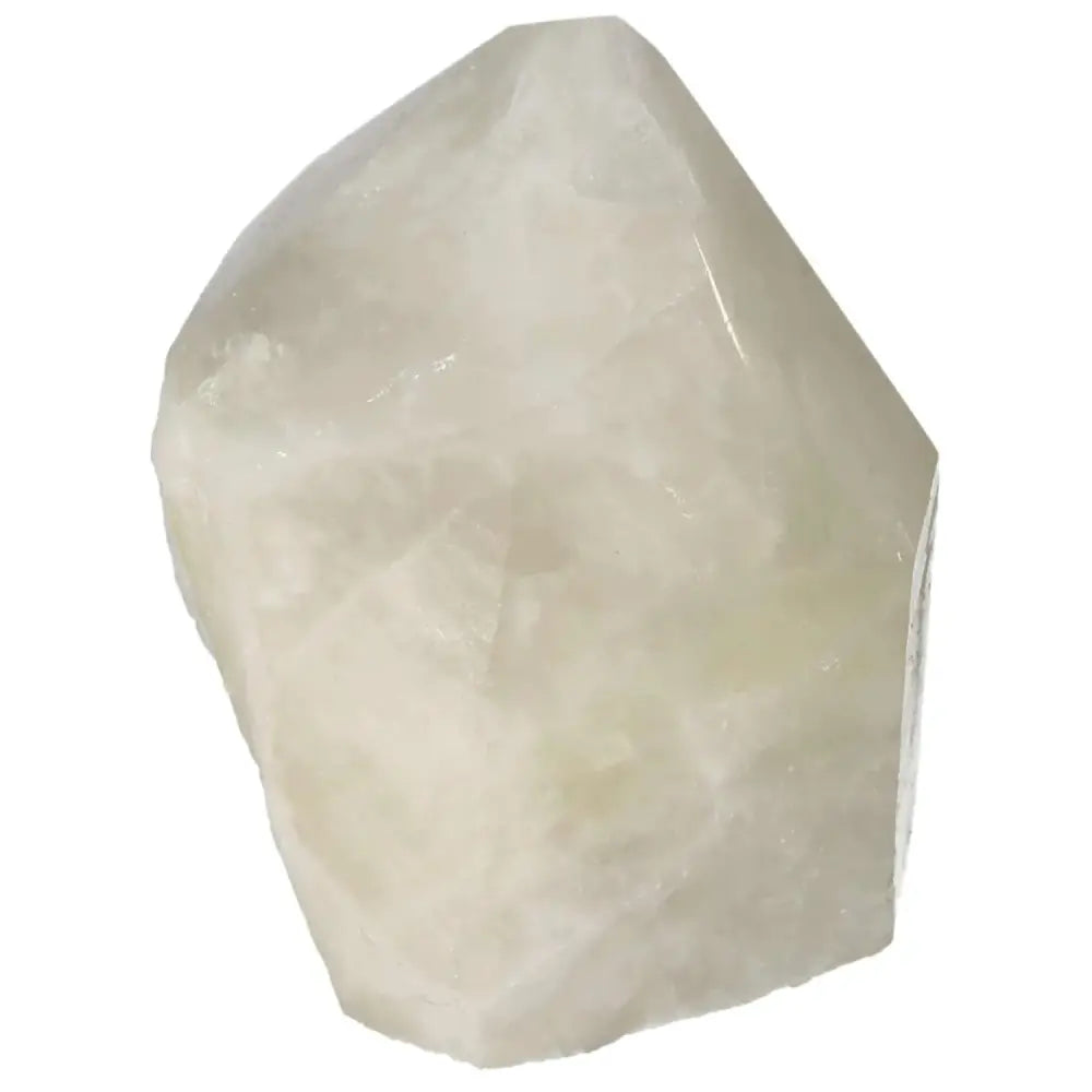 Polished Point Quartz with Sulphur by Sylvia Crystals, showcasing clarity and energy-boosting properties for spiritual healing.