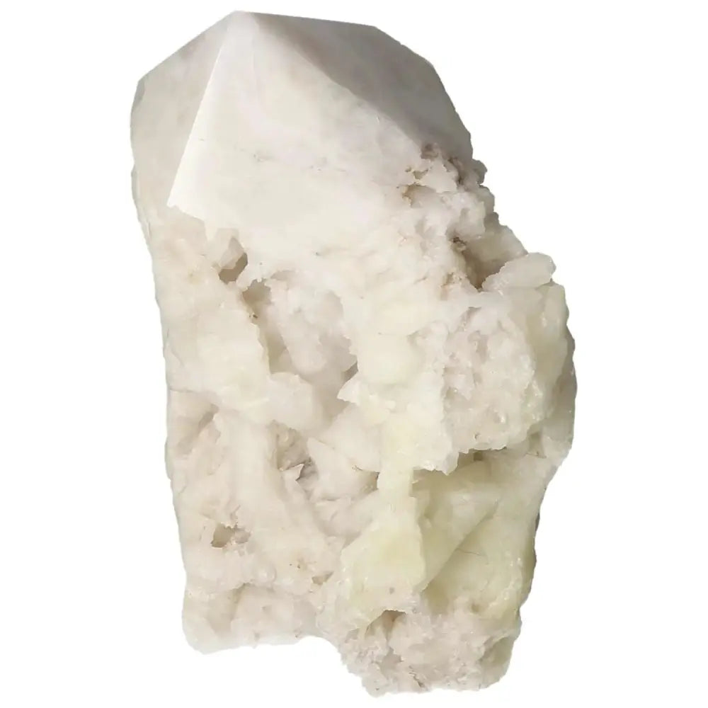 Polished Point Quartz with Sulphur crystal by Sylvia Crystals, showcasing vibrant sulphur inclusions for spiritual seekers.