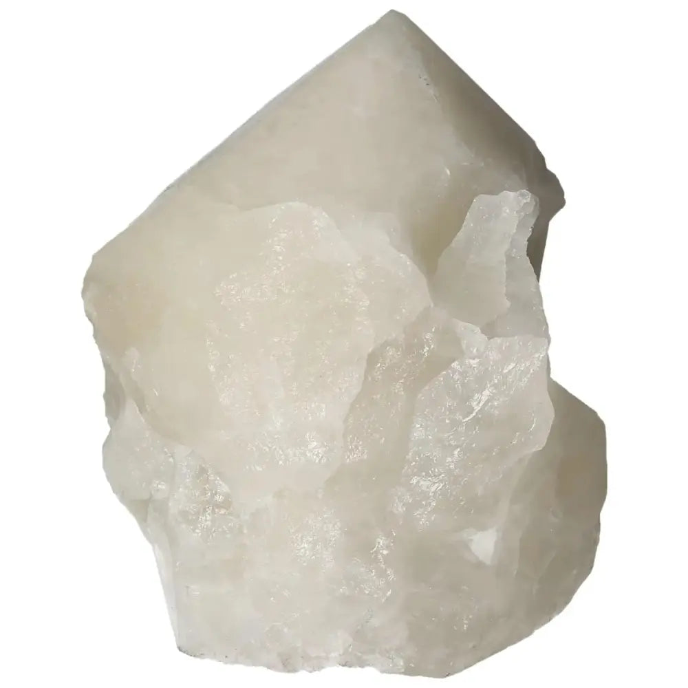 Polished Point Quartz with Sulphur crystal by Sylvia Crystals, showcasing vibrant and detoxifying properties, against a white background.