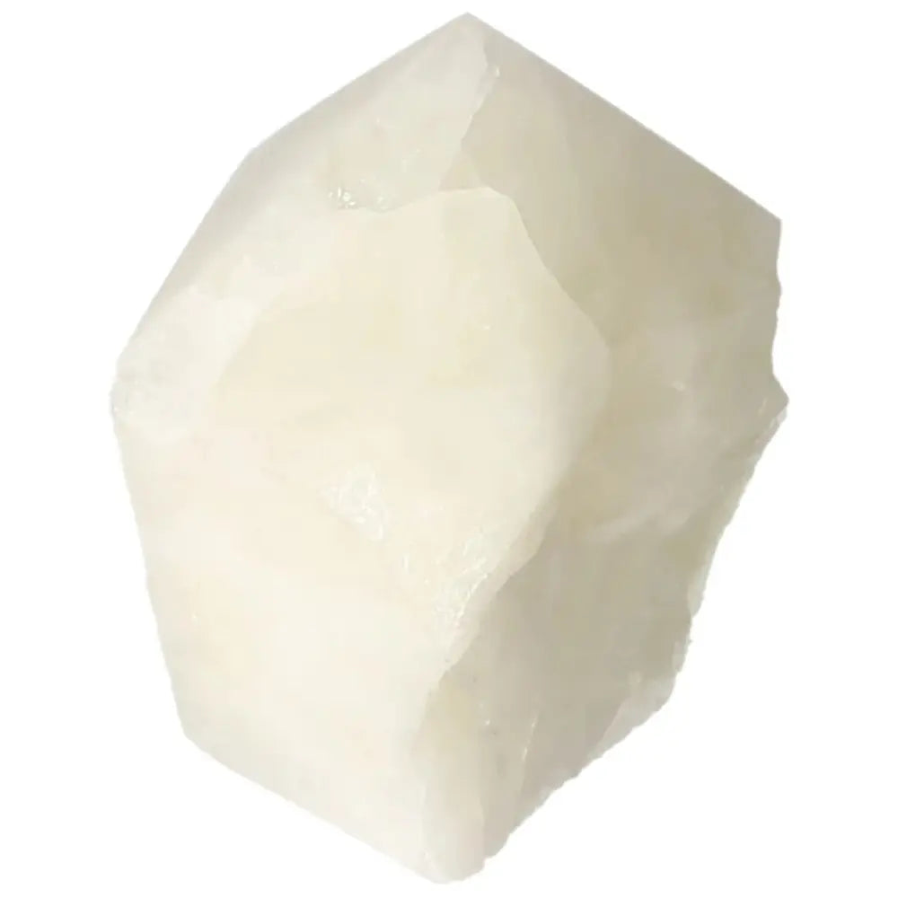 "Natural white crystal quartz stone with sharp edges, reflecting light and showcasing its translucent properties."