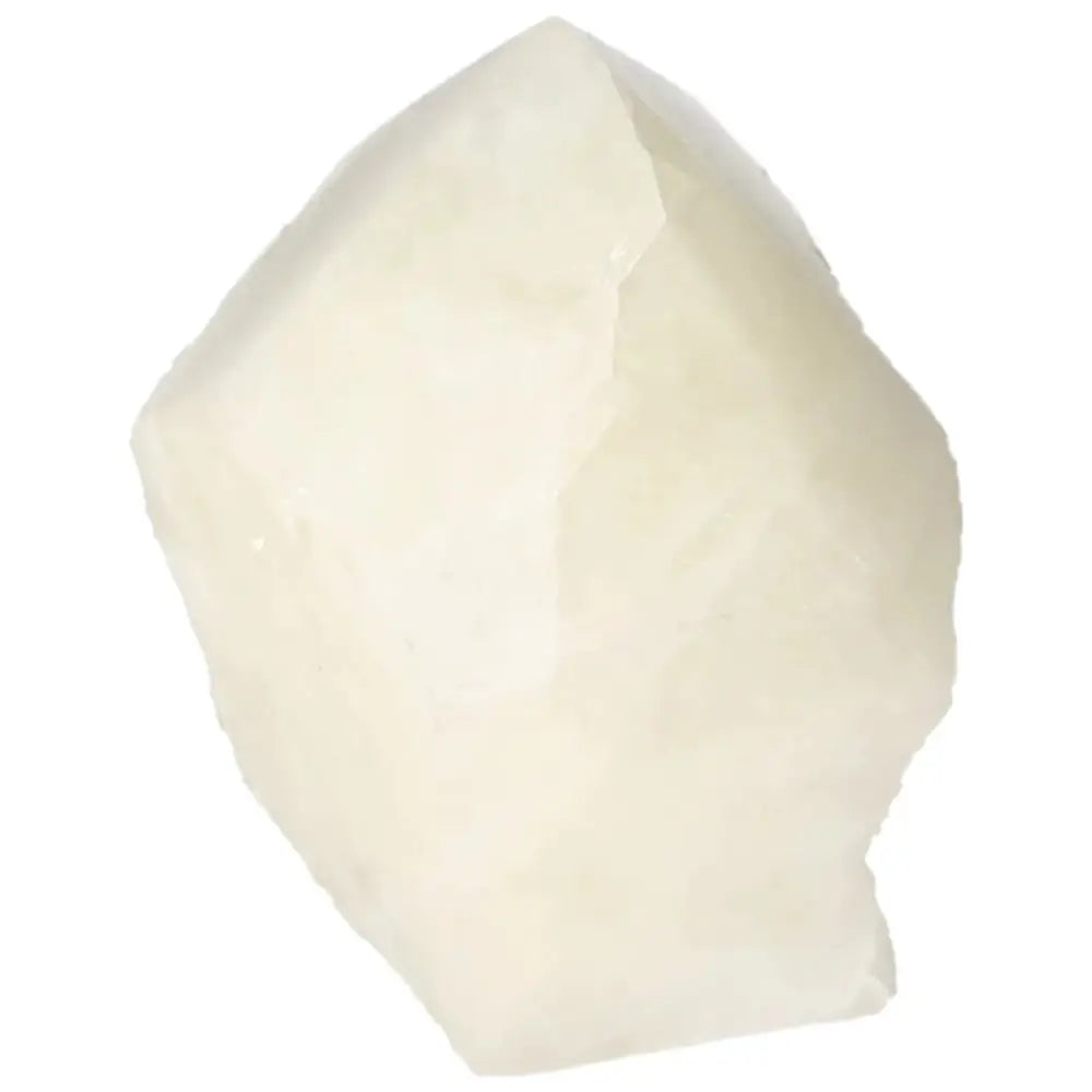 White polished quartz crystal with angular shape on a white background.