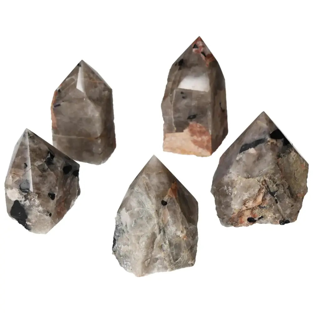Polished Point Quartz With Tourmaline L gemstones, showcasing unique patterns and inclusions, featured by Sylvia Crystals.