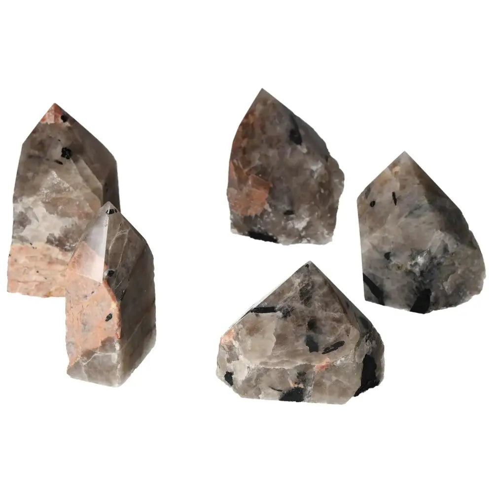 Polished Point Quartz with Tourmaline L gemstones showcasing unique black inclusions; ideal for crystal collections.