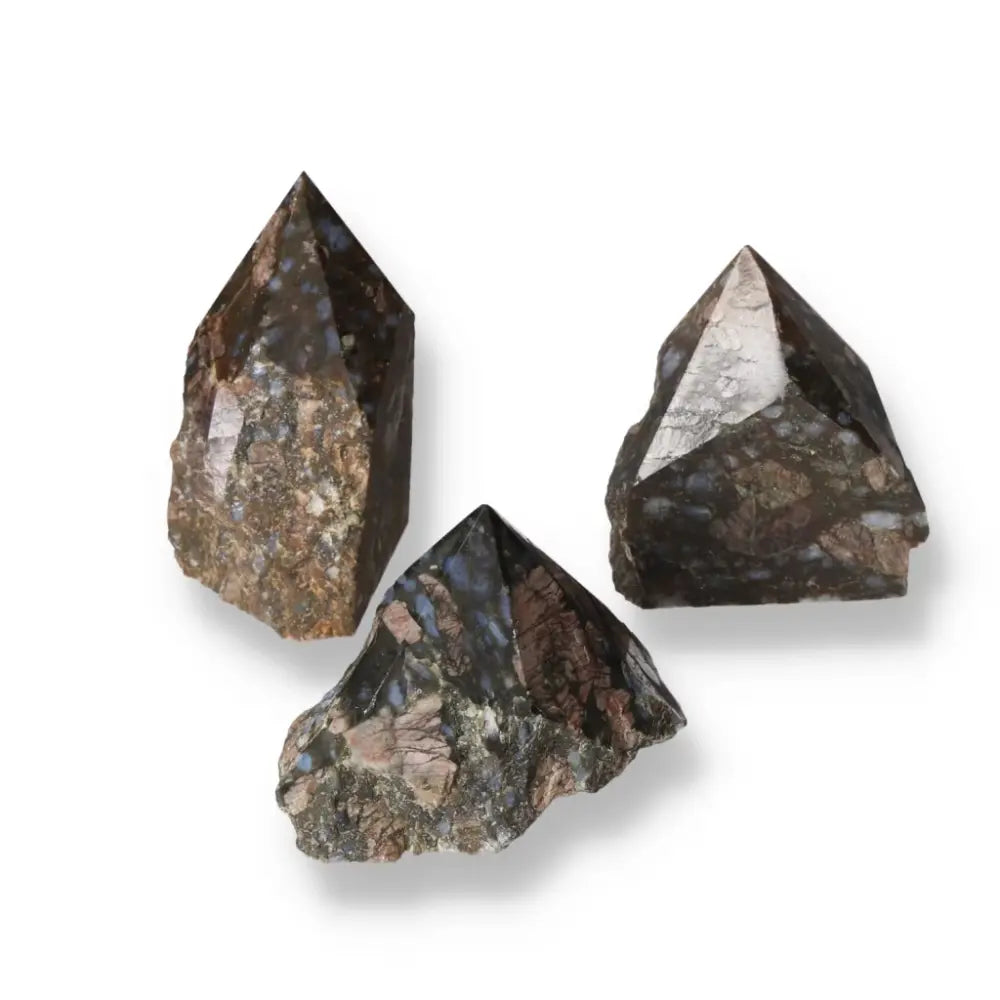 Polished Point Rhyolite L crystals with pink, green, brown, and gray hues, featuring unique patterns. Sylvia Crystals' special gemstone.