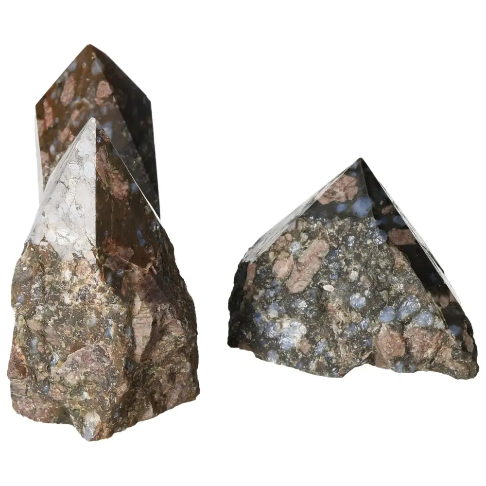 Polished Point Rhyolite L showing pink, green, brown, and gray hues with intricate patterns, a unique piece from Sylvia Crystals.