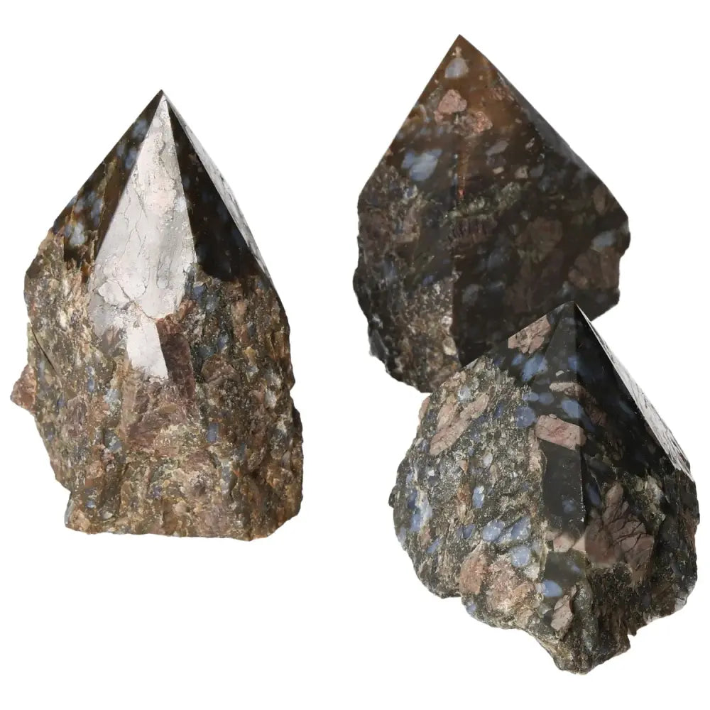 Handpicked Polished Point Rhyolite L crystals with unique pink, green, brown, and gray patterns. Sylvia Crystals' exquisite natural masterpiece.