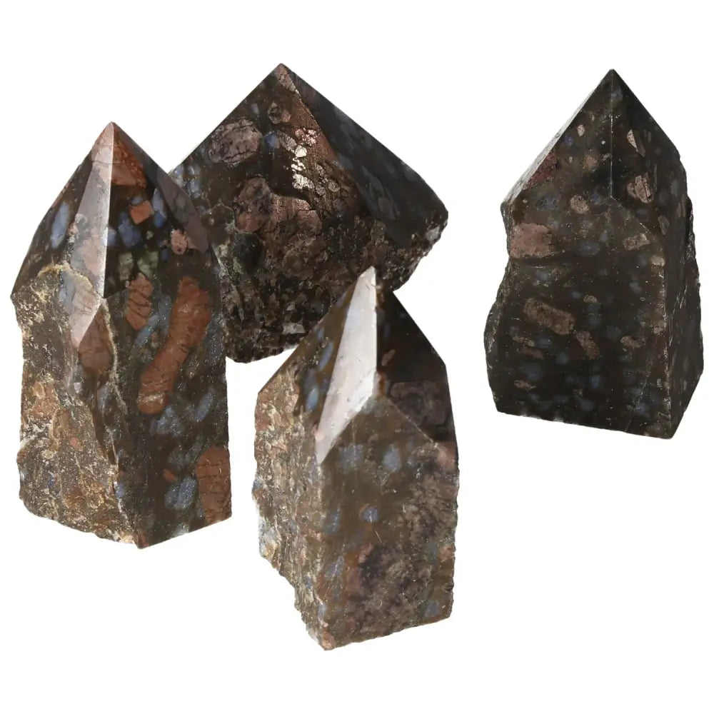 Polished Point Rhyolite M crystals with unique speckles and banding in pink, green, brown, and gray from Sylvia Crystals.