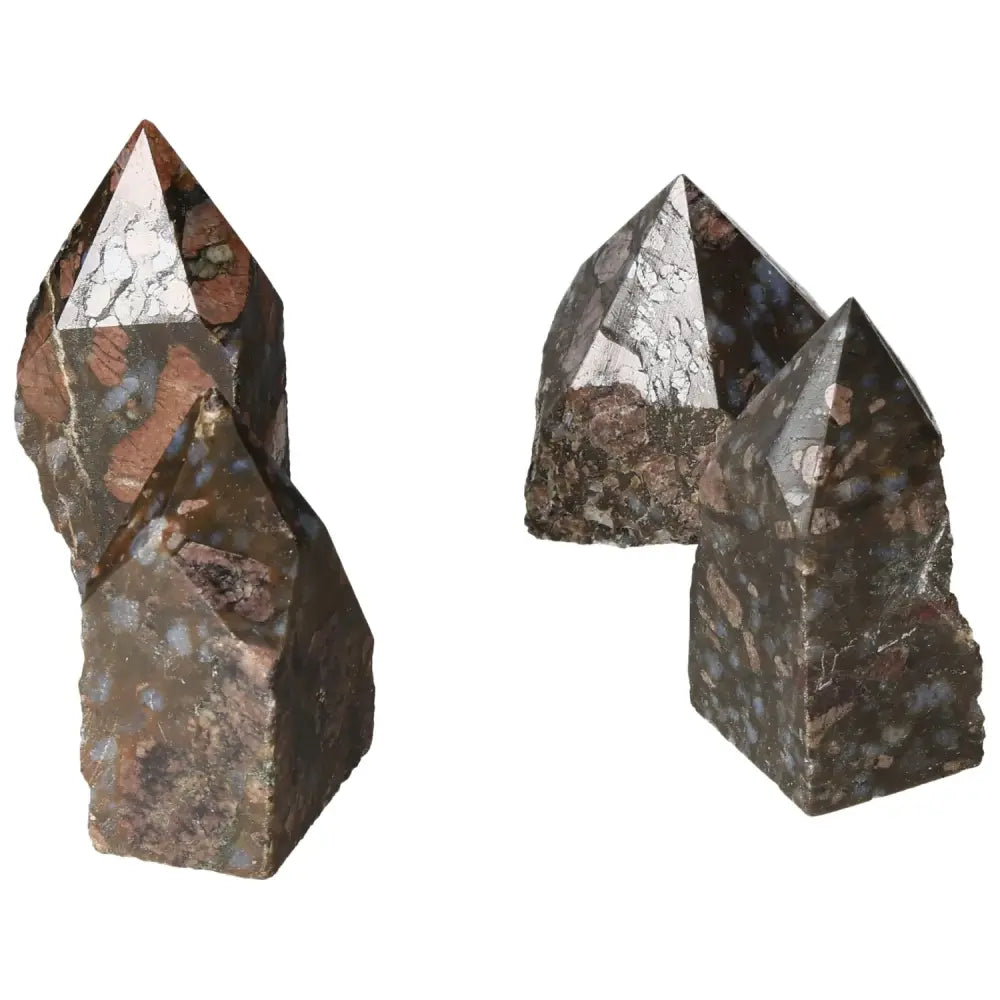 Polished Point Rhyolite M with speckled quartz and feldspar, showcasing pink, green, brown, and gray banding. Sylvia Crystals exclusive.