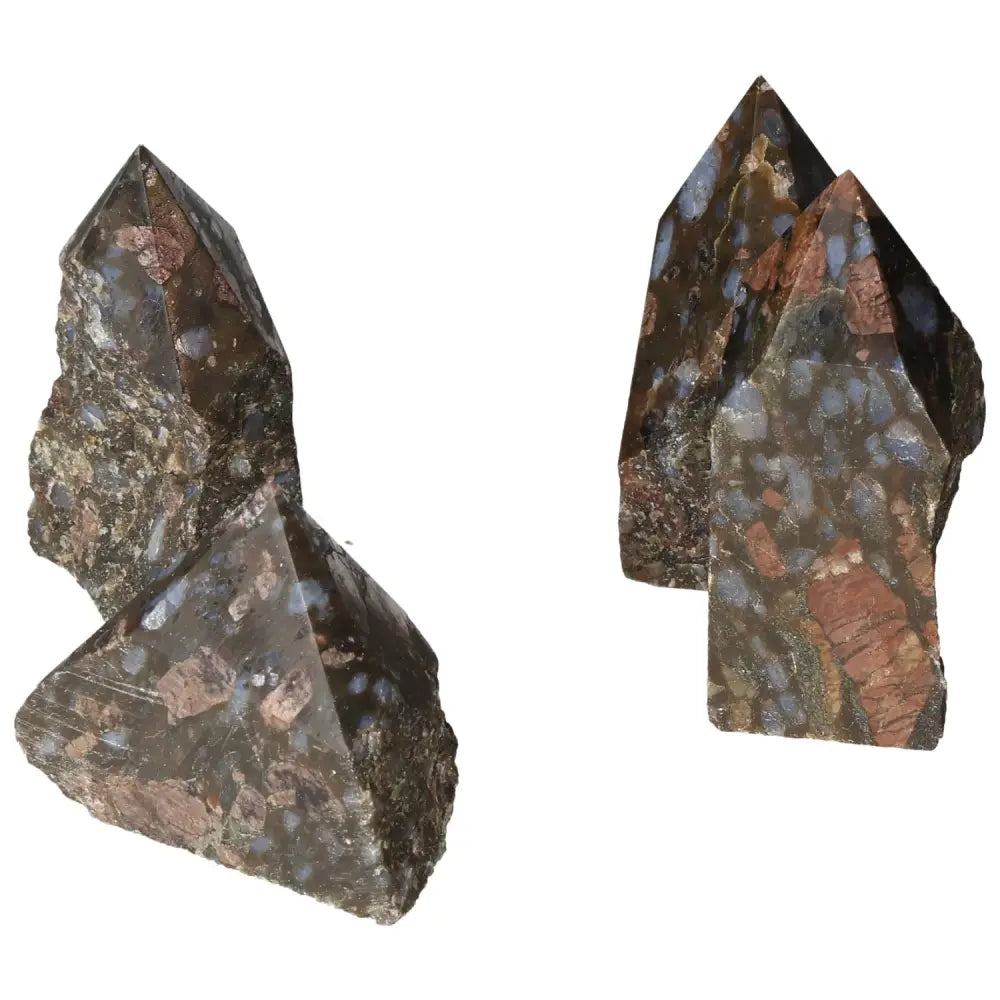 Polished Point Rhyolite M with pink, green, brown, and gray speckles, showcasing its unique quartz and feldspar banding.