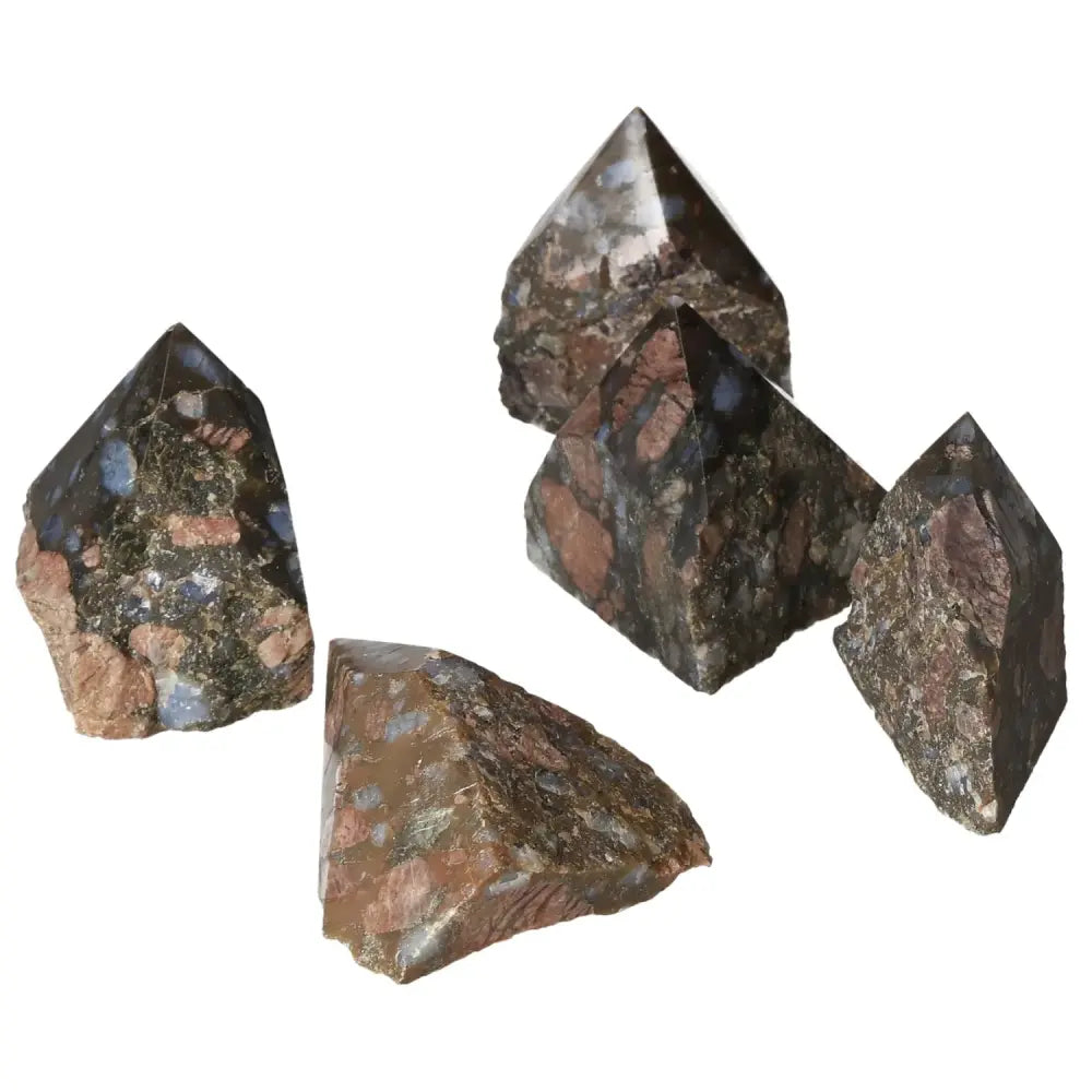Polished Point Rhyolite S crystals showcasing vibrant pink, green, brown, and gray hues, crafted from natural volcanic lava rock.