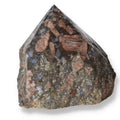 Polished Point Rhyolite crystal with pink, green, brown, and gray hues, from Sylvia Crystals, showcasing natural speckles and banding.