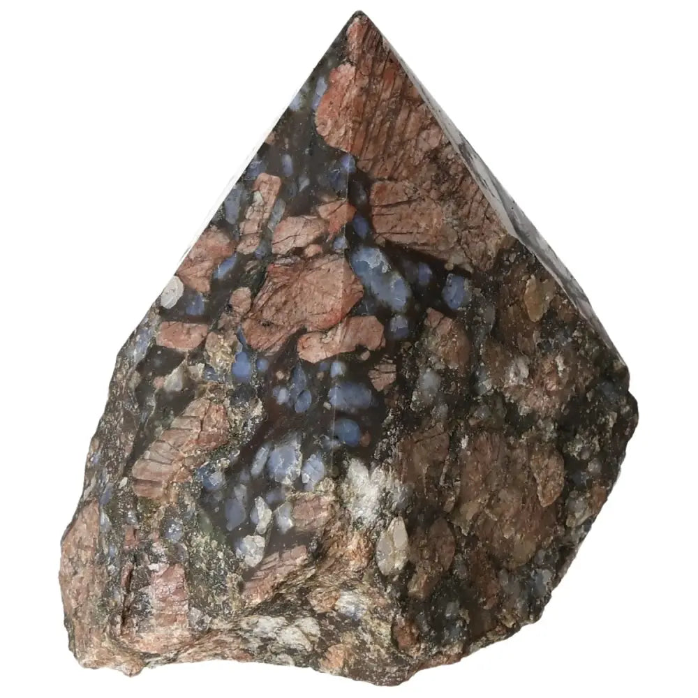 Polished Point Rhyolite crystal with vibrant pink, green, brown, and gray hues, featuring natural speckles and banding.