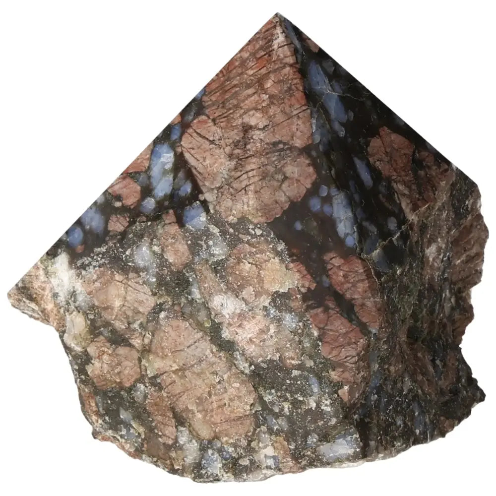 Polished Point Rhyolite from Sylvia Crystals with pink, green, brown, and gray patterns, showcasing natural speckles and banding.