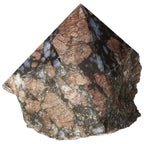 Polished Point Rhyolite from Sylvia Crystals with pink, green, brown, and gray patterns, showcasing natural speckles and banding.