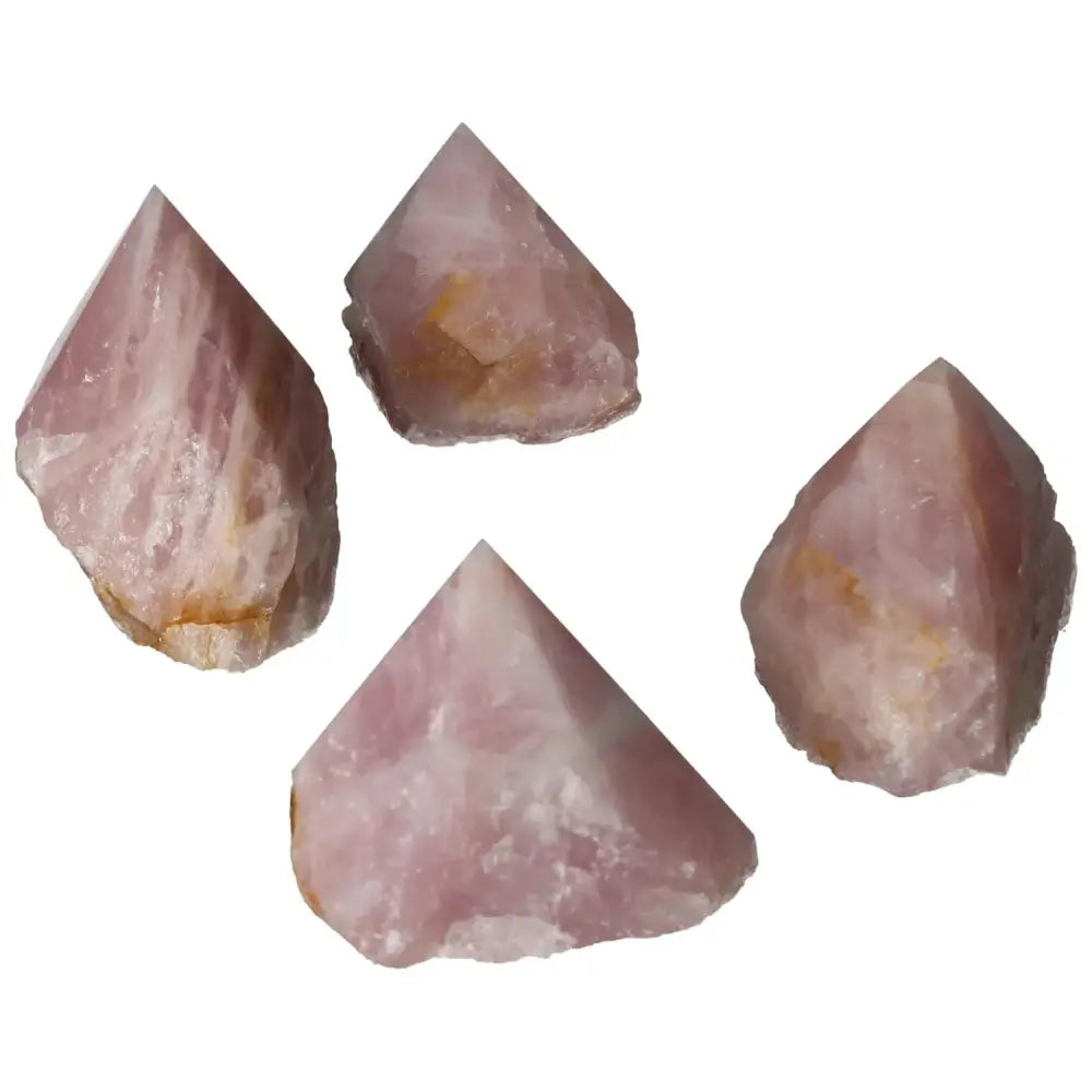 Polished Point Rose Quartz L crystals set, known for promoting unconditional love and deep connections.