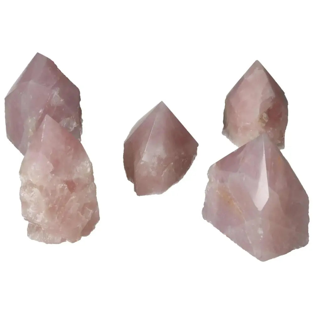 Polished Point Rose Quartz M crystals showcasing Sylvia Crystals' luxury and healing properties, ideal for spiritual enhancement.