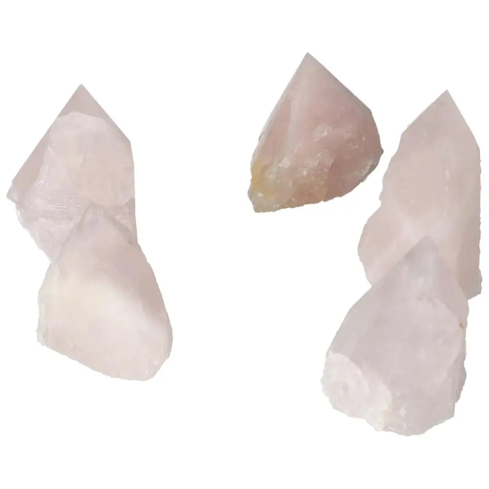 Polished Point Rose Quartz M crystals displaying elegance and calming energy, ideal for spiritual enhancement and luxury decor.