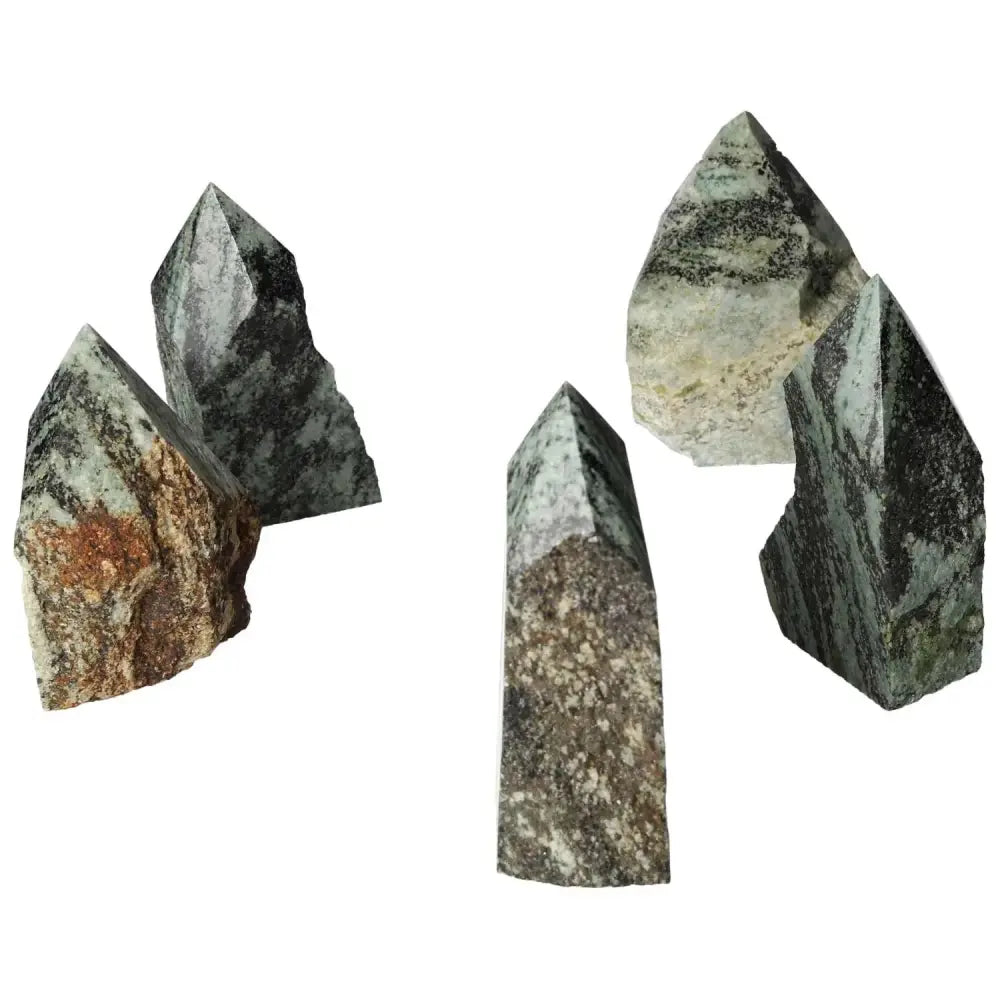 Polished Point Snake Jasper L crystals by Sylvia Crystals, showcasing natural patterns and elegance for inner peace and transformation.