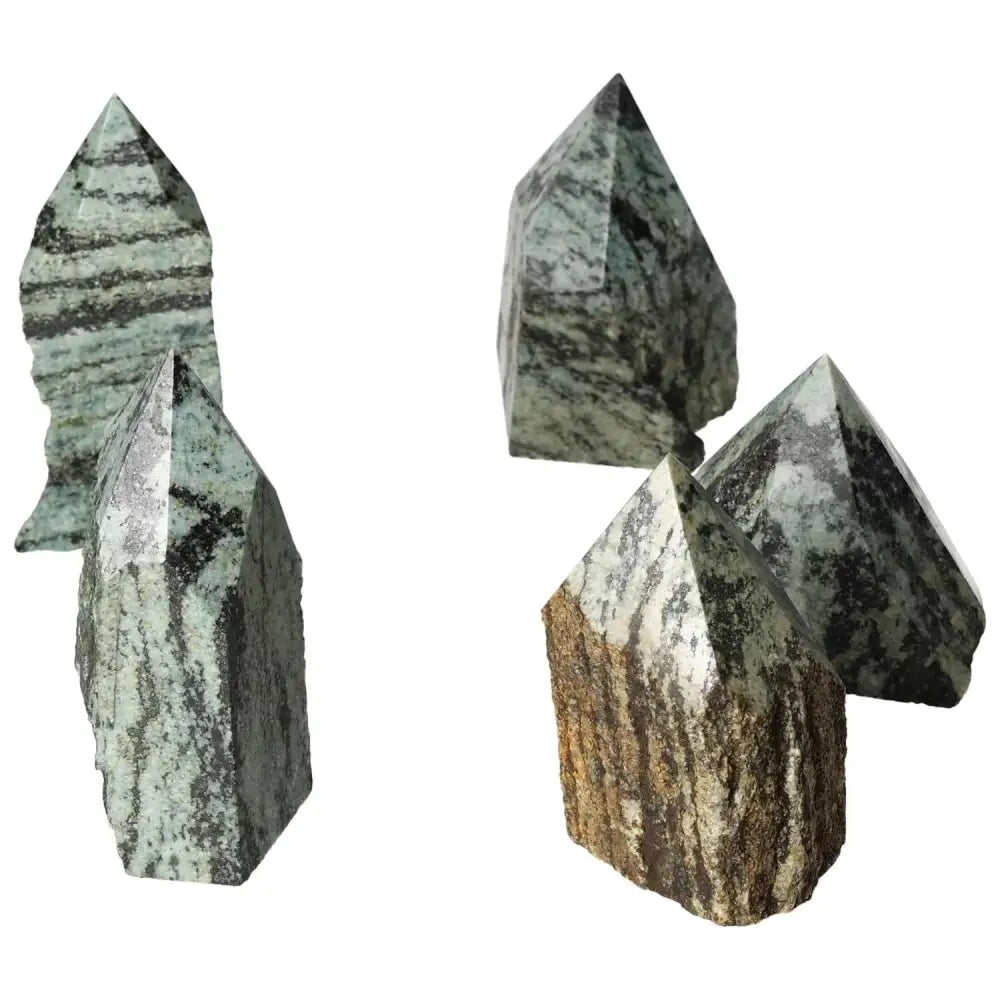 Polished Point Snake Jasper M crystals from Sylvia Crystals, showcasing unique patterns enhancing spiritual growth and insight.