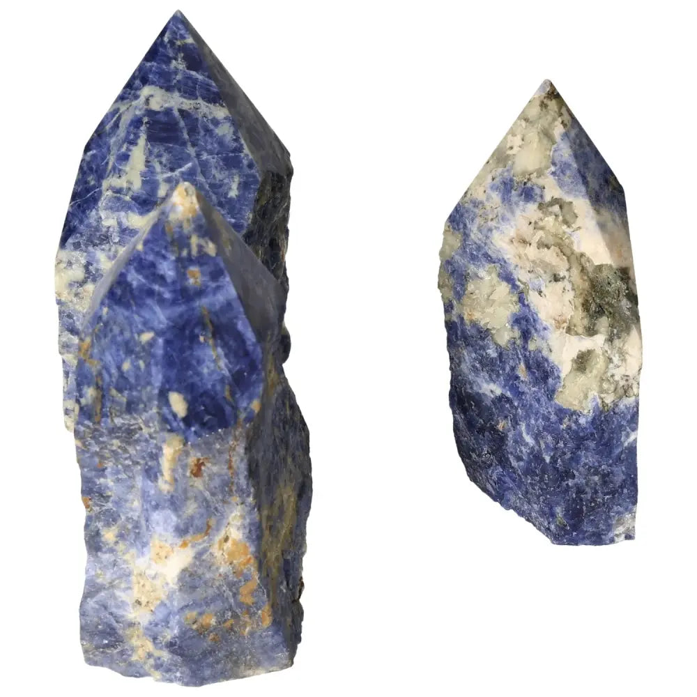 Two polished point sodalite gemstones from Sylvia Crystals, showcasing natural beauty and hues, ideal for creativity and clarity enhancement.