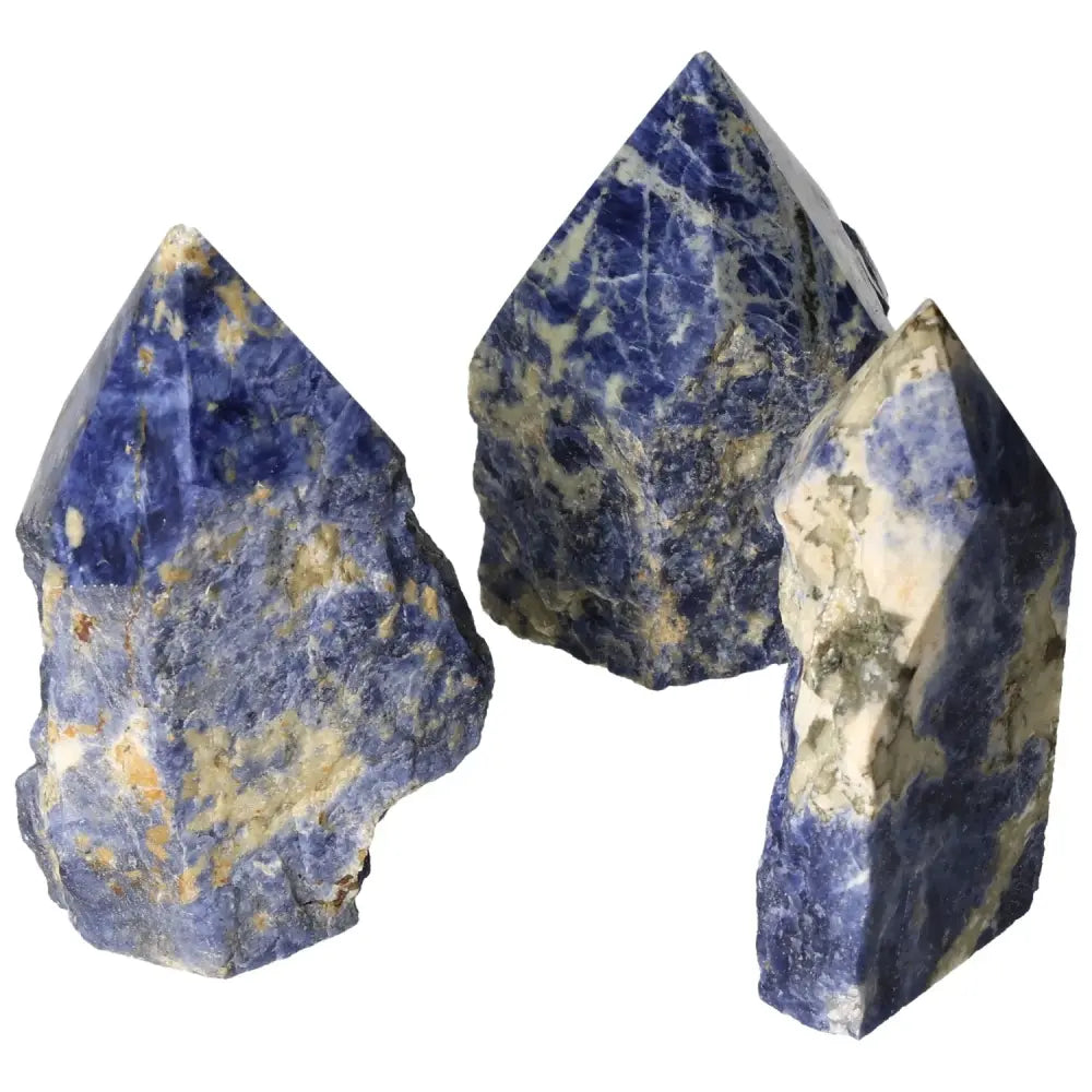 Polished Point Sodalite L gemstones by Sylvia Crystals, enhancing creativity and clarity with vibrant blue hues.