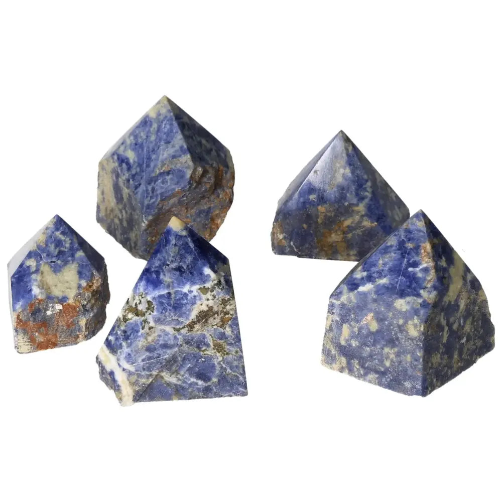 Collection of polished point sodalite crystals with deep blue hues from Sylvia Crystals, enhancing mental clarity and creativity.
