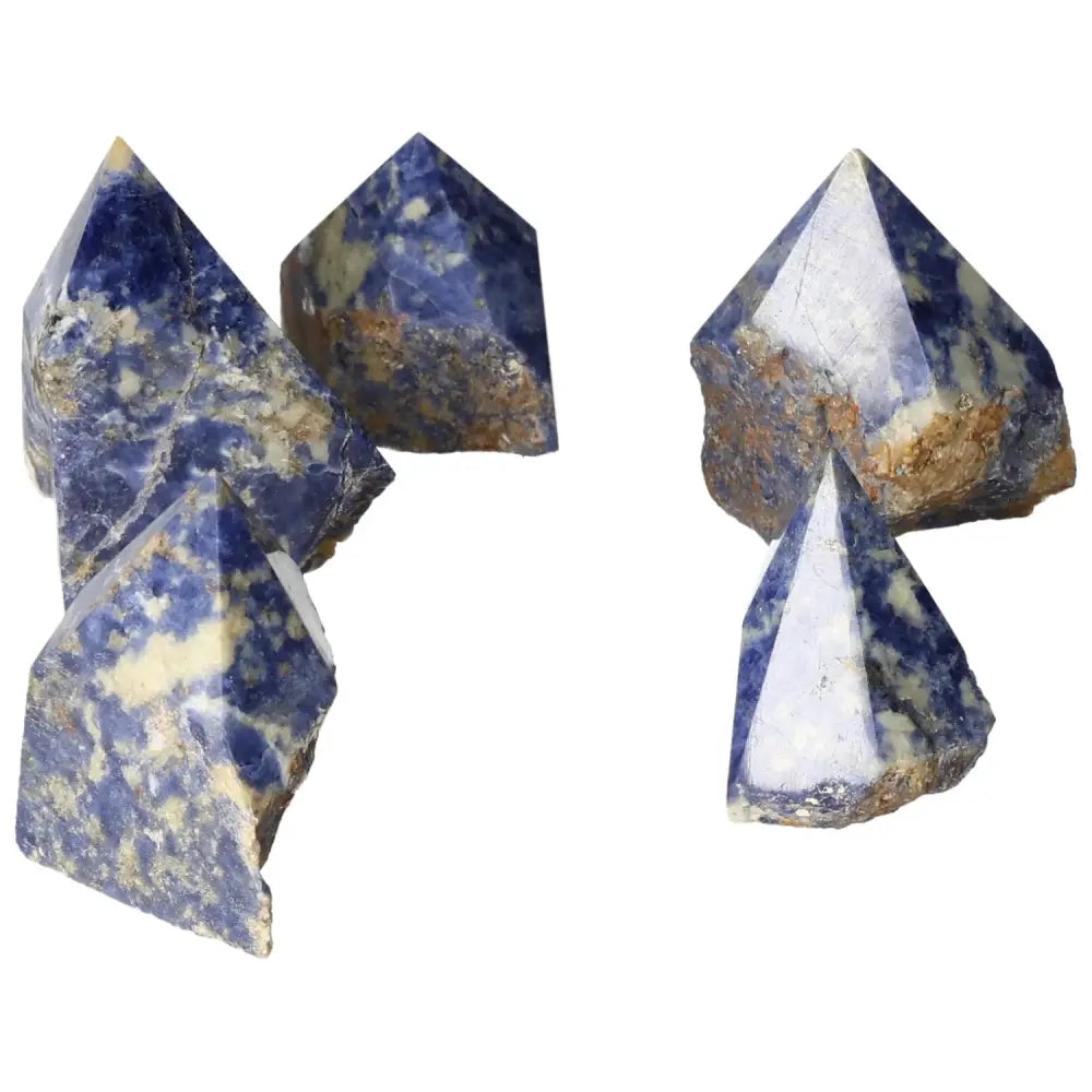 Polished Point Sodalite S crystals with deep blue hues, enhancing mental clarity and creativity, from Sylvia Crystals collection.