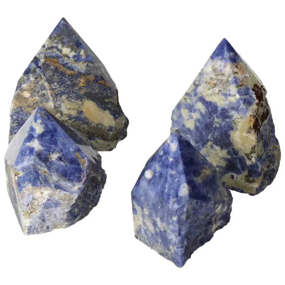 Polished Sodalite Points from Sylvia Crystals, promoting creativity and clear thinking, ideal for personal growth.