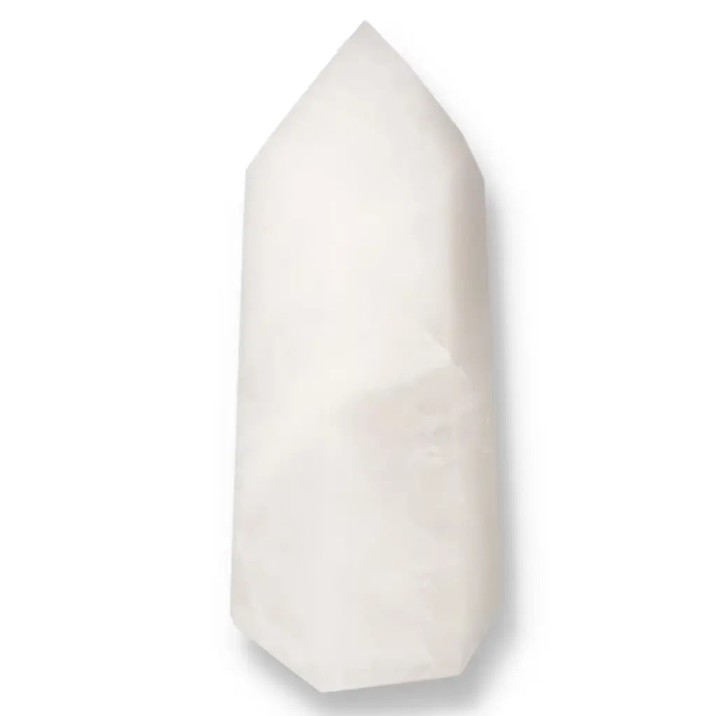 Polished Quartz Milky Obelisk crystal, Sylvia Crystals creation known for its cloudy allure and healing properties, ideal for metaphysical uses.