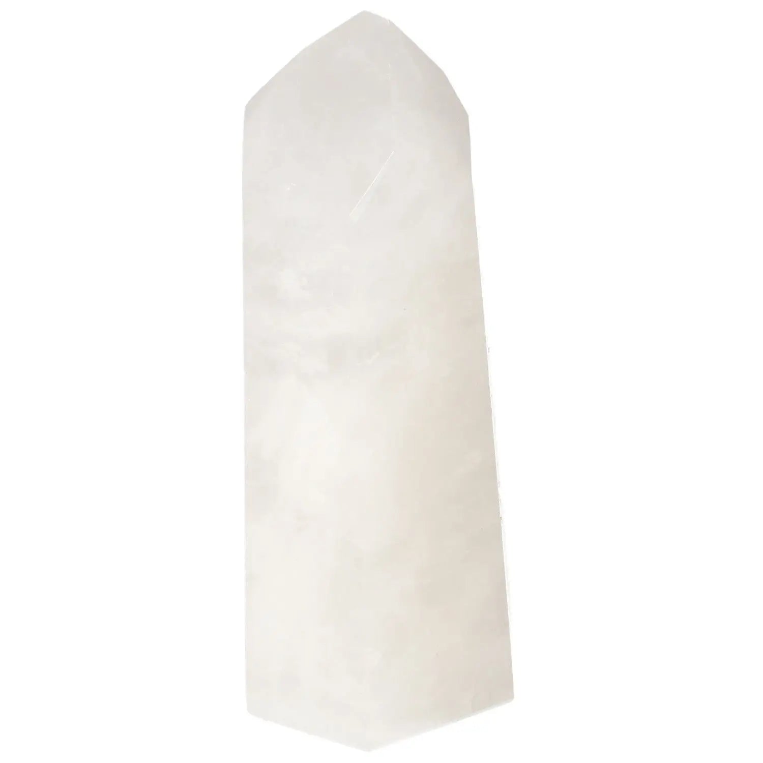 Polished Quartz Milky Obelisk with purifying properties, enhances tranquility and spiritual energy, by Sylvia Crystals.