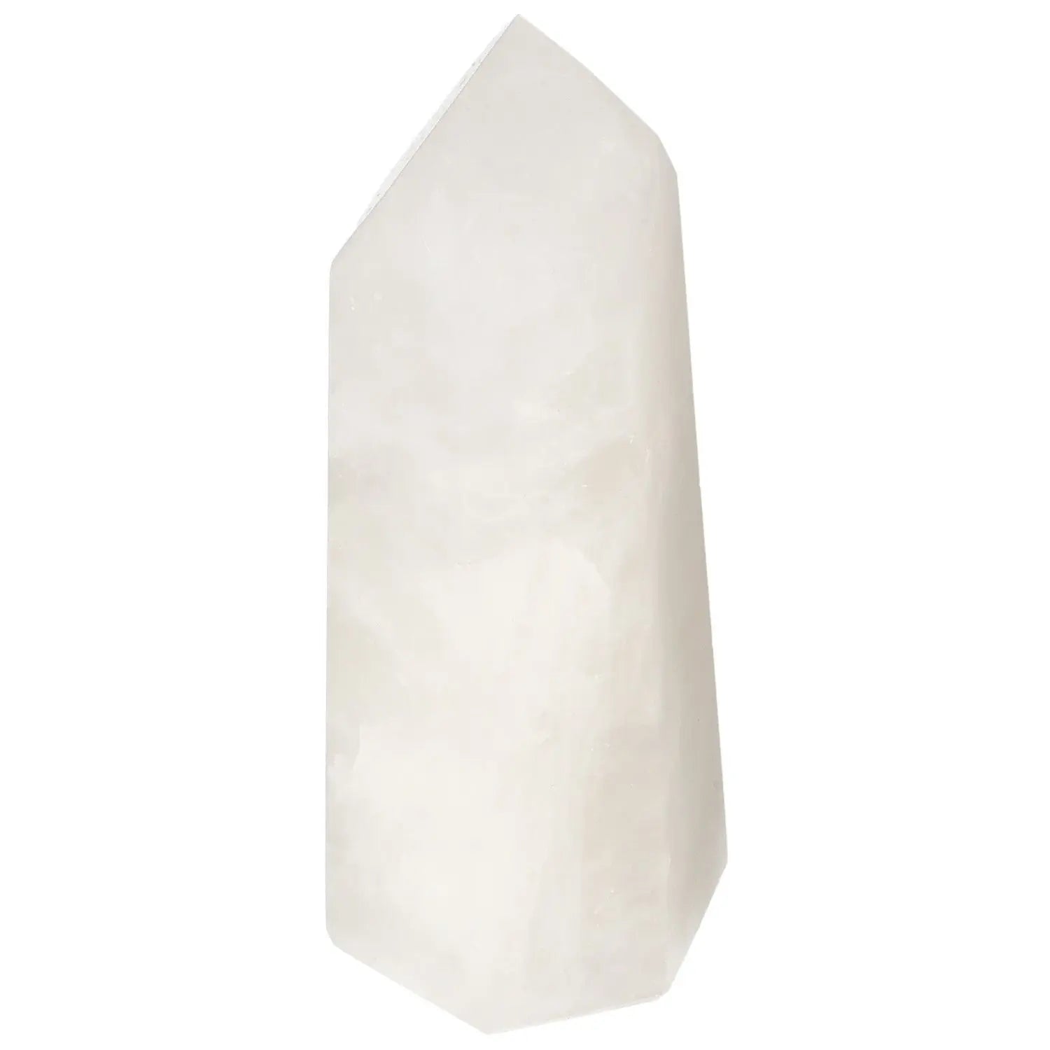 Polished Quartz Milky Obelisk by Sylvia Crystals, known for purifying and amplifying energy, ideal for enhancing decor and tranquility.