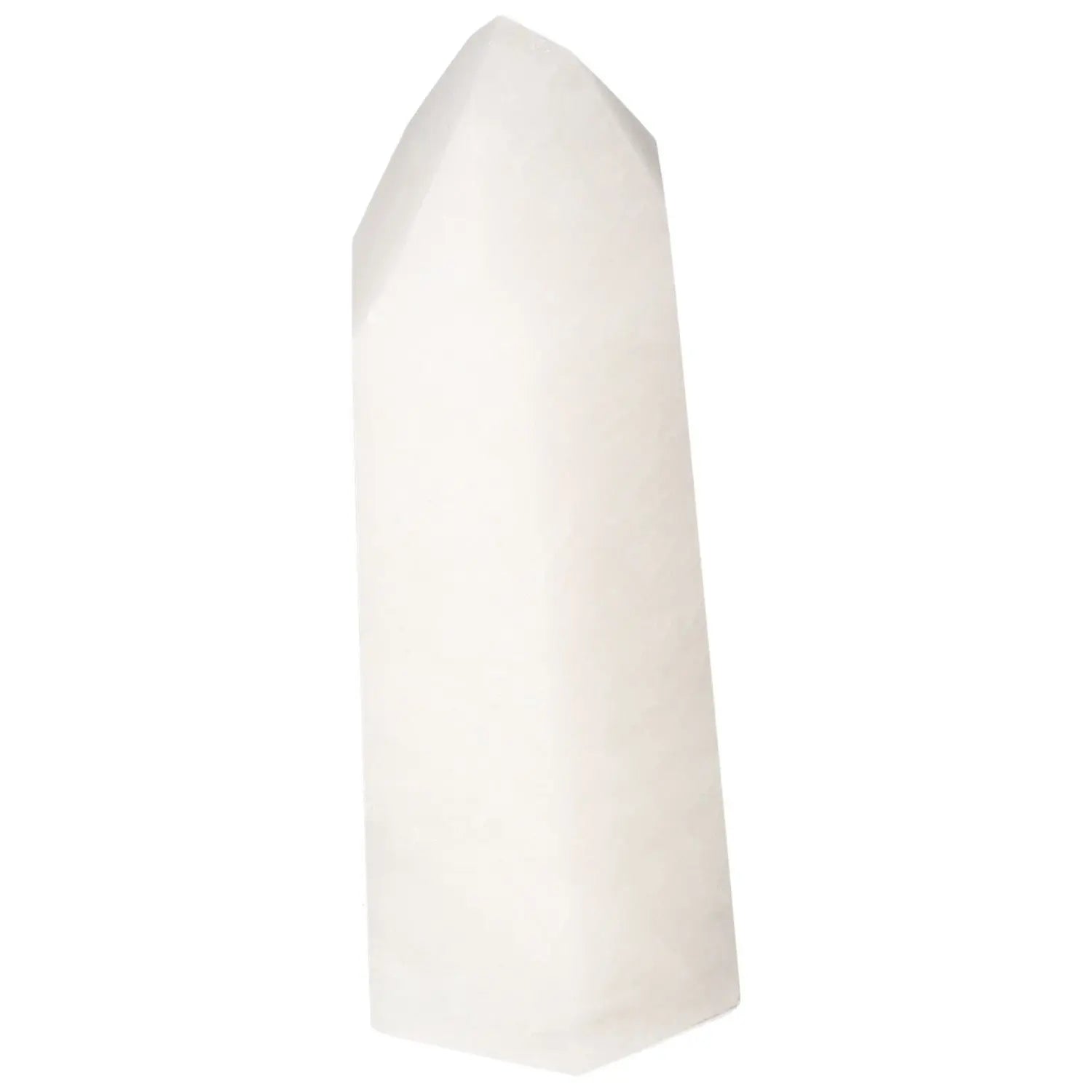 Polished Quartz Milky Obelisk with cloudy texture, ideal for healing and metaphysical applications, crafted by Sylvia Crystals.