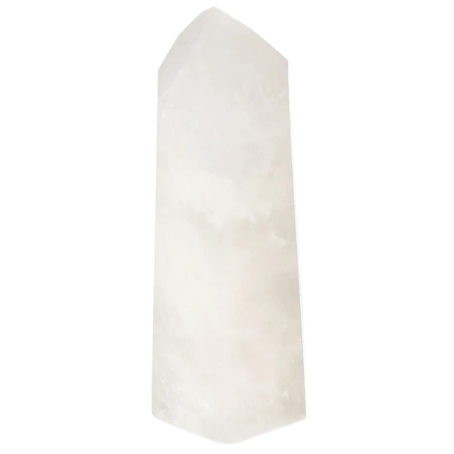 Polished Quartz Milky Obelisk for tranquility; a Sylvia Crystals piece known for purifying and amplifying energy, perfect decor.