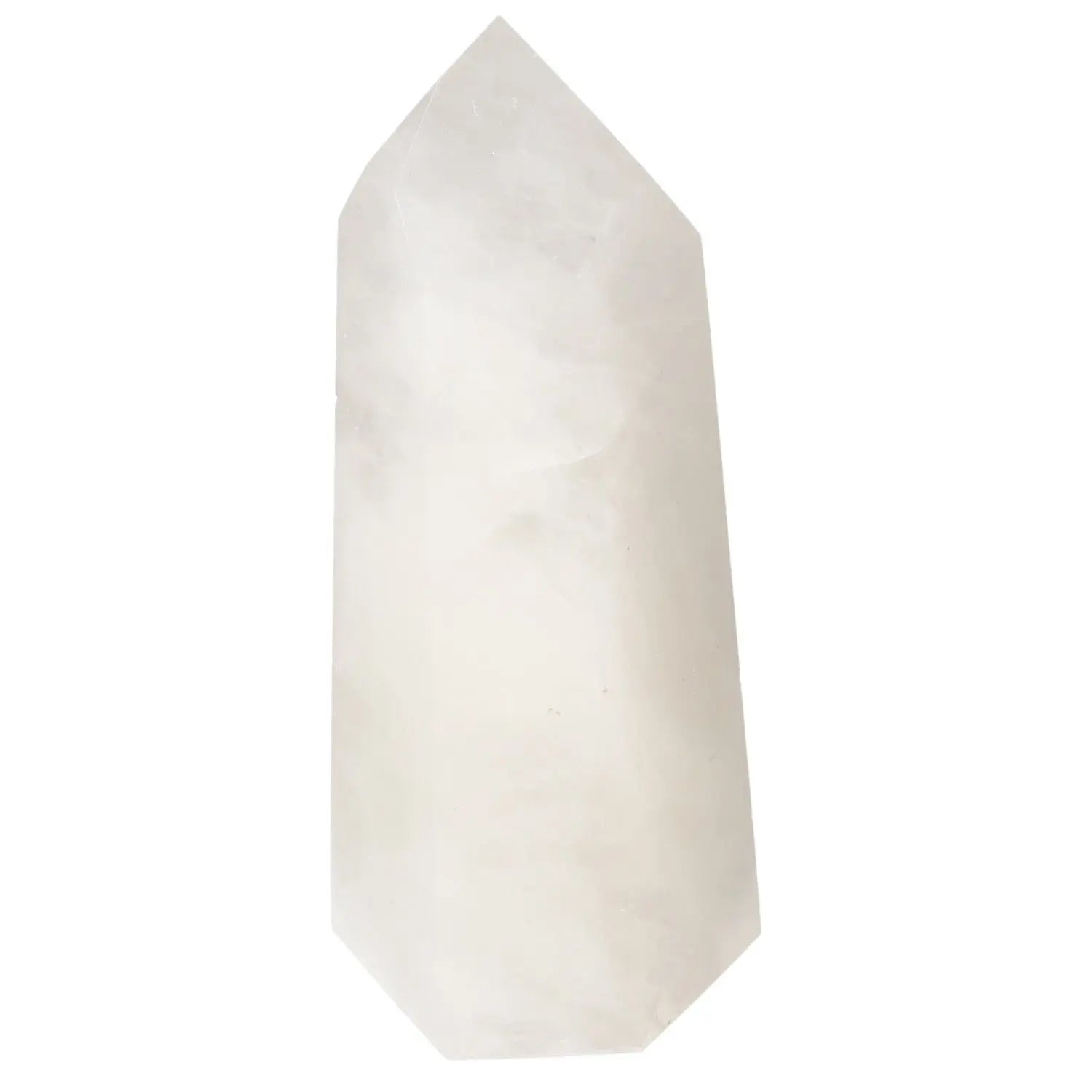 Polished Quartz Milky Obelisk by Sylvia Crystals; elegant decor with purifying and amplifying spiritual properties.