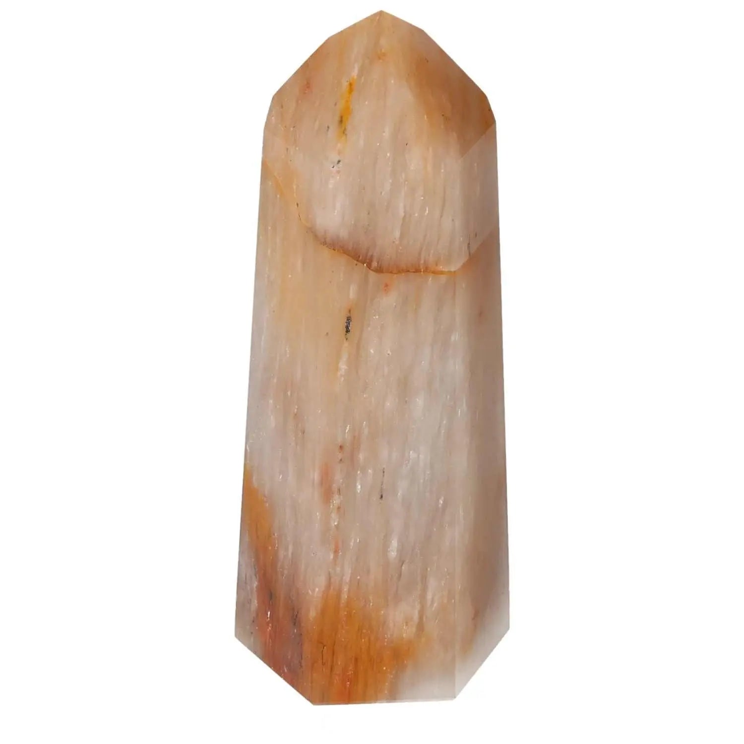 Polished Quartz Tangerine Obelisk by Sylvia Crystals, luxury gemstone with warm golden hue for spiritual and conscious living.