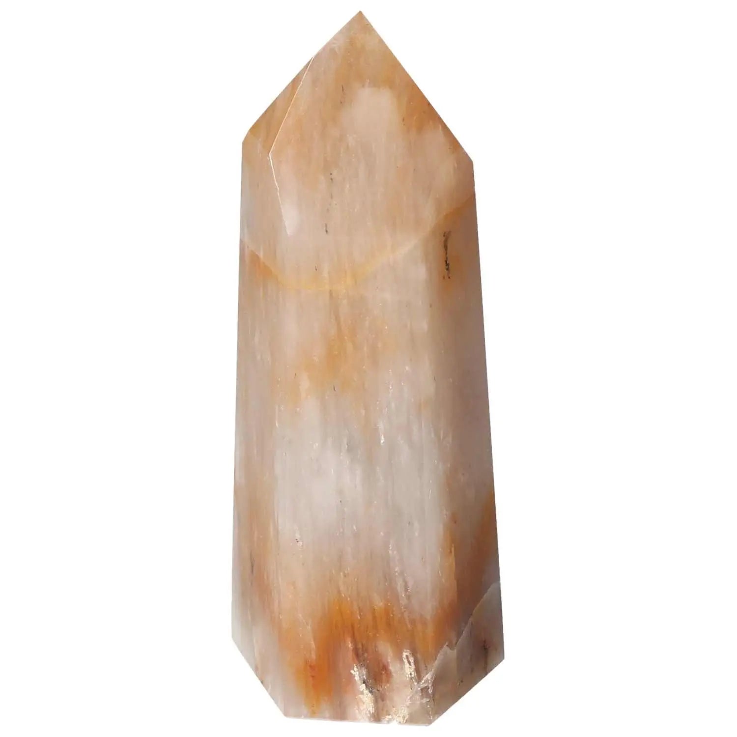 Polished Quartz Tangerine Obelisk by Sylvia Crystals, showcasing a warm golden hue, perfect for luxury and spirituality in home decor.