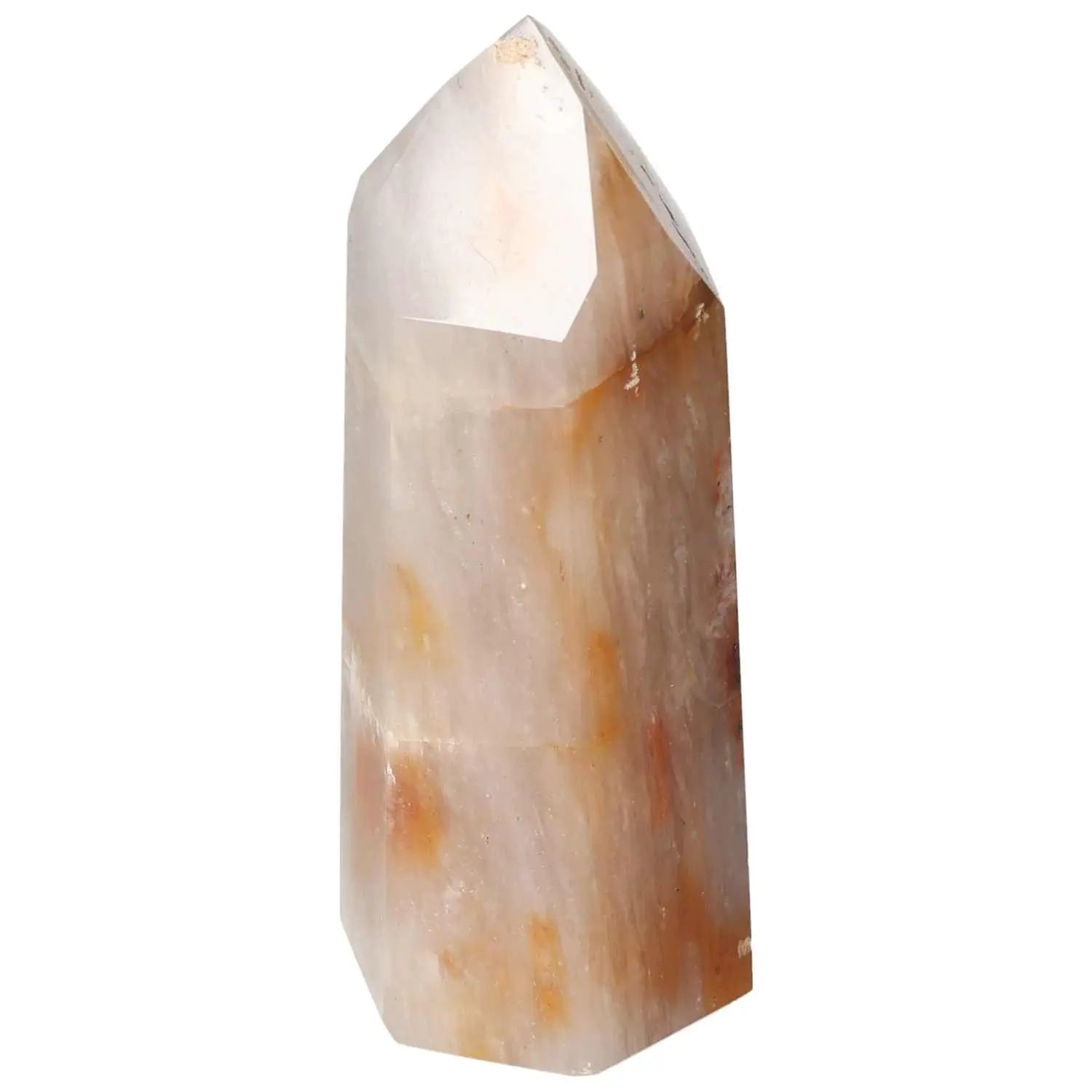 Polished Quartz Tangerine Obelisk by Sylvia Crystals displaying a vibrant tangerine hue, ideal for luxury and spiritual collections.