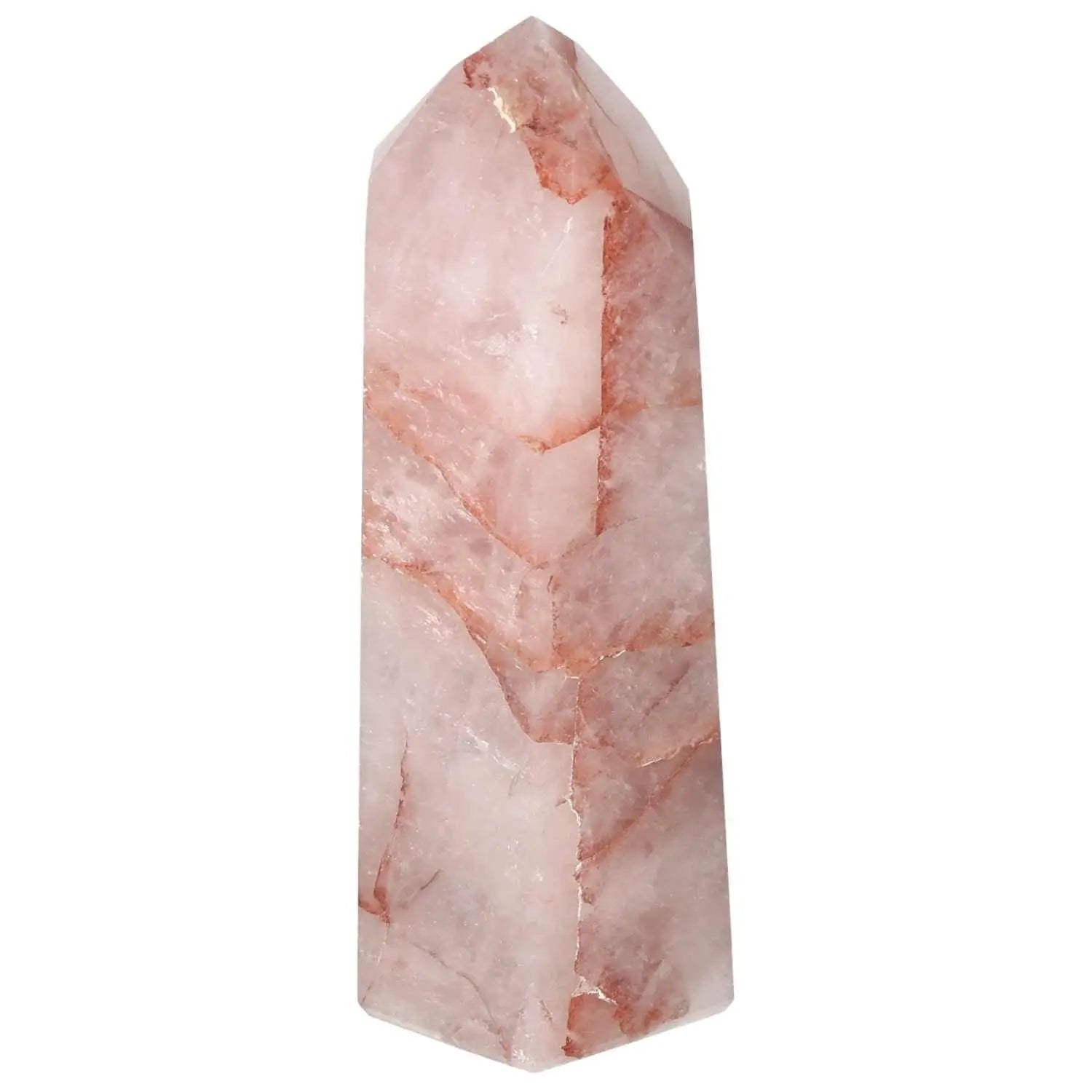 Polished Quartz Witch Hematite Obelisk with a pink hue, showcasing luxury and spiritual elegance by Sylvia Crystals.