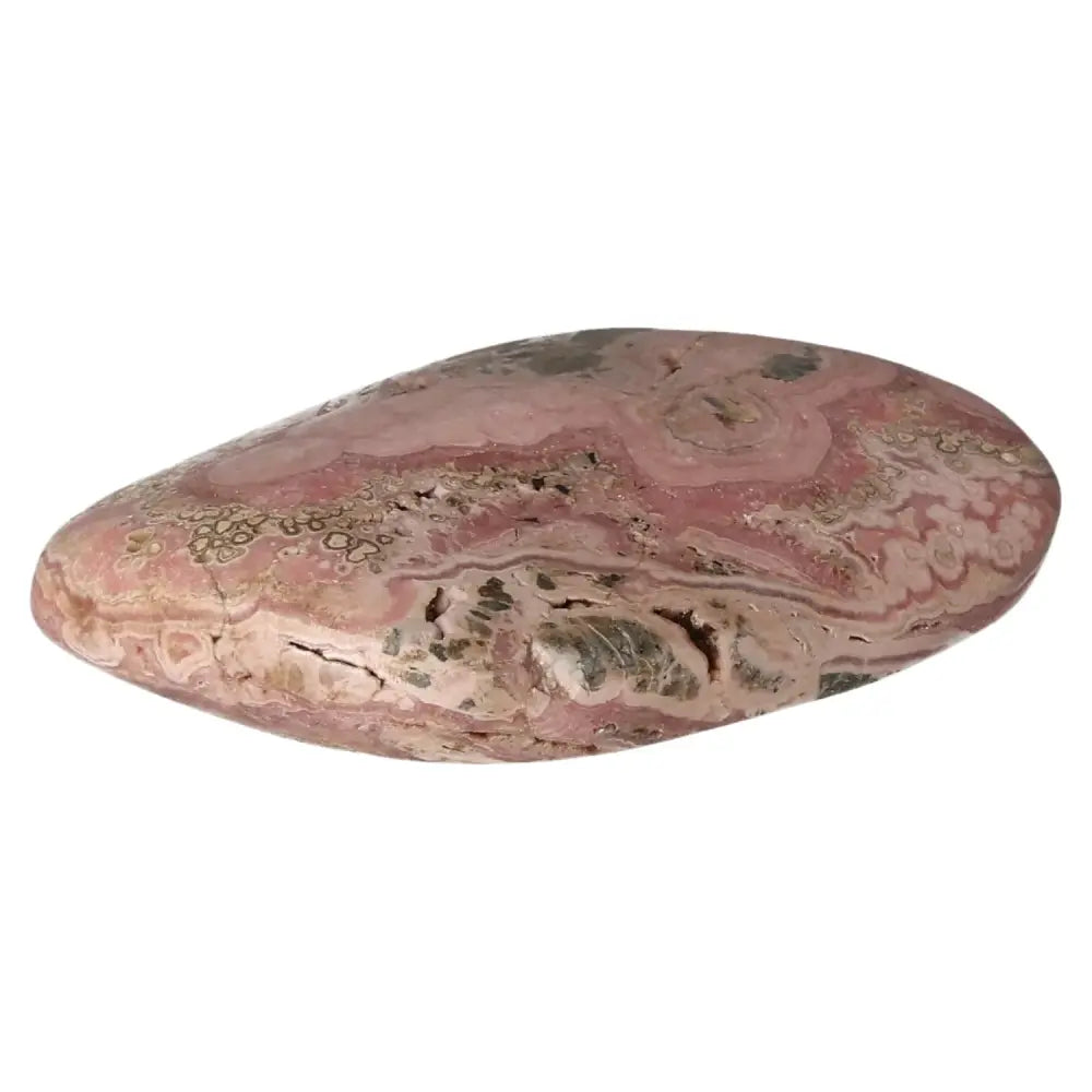 Polished Rhodochrosite gemstone with vibrant pink hues and unique banding, from Sylvia Crystals, symbolizing love and compassion.