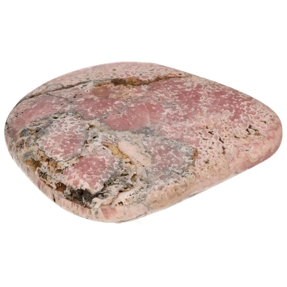 Polished Rhodochrosite gemstone with pink hues and intricate banding, from Sylvia Crystals' premium collection.